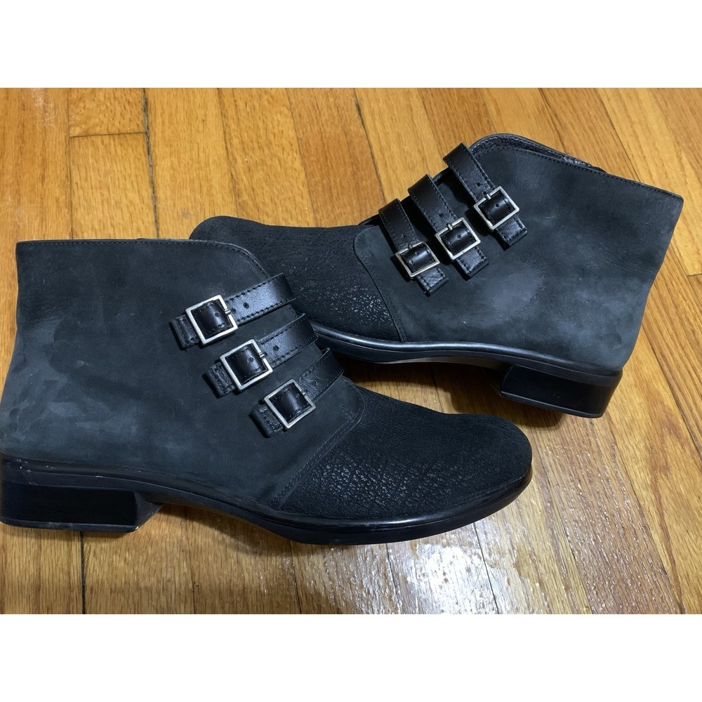 NAOT Calima Black Leather Ankle Boots Triple Buckle Straps Zip EU 41 US 10.5-11